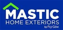 Logo for Mastic Home Exteriors by Ply Gem with a blue background and a green house icon.